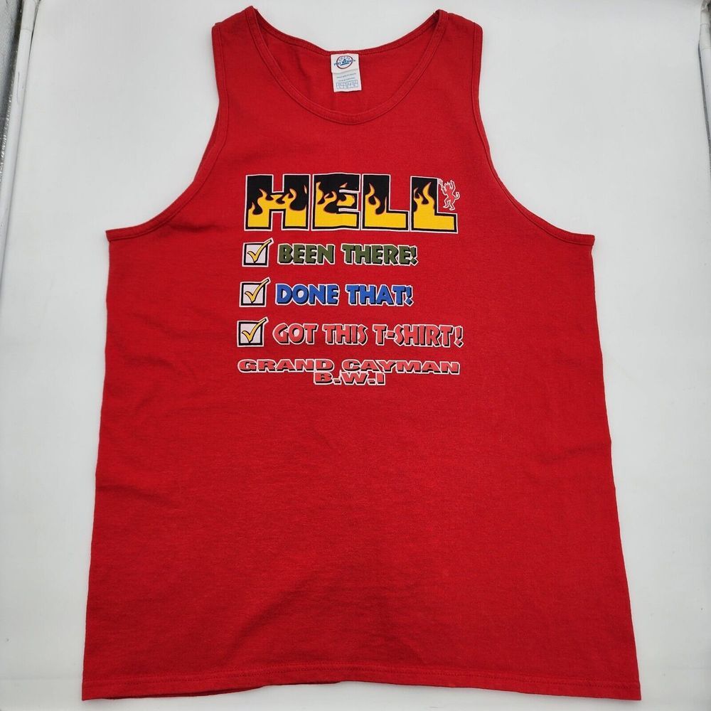 Vintage Hell Been There Done That Grand Cayman BWI Red T Shirt Adult Size L READ